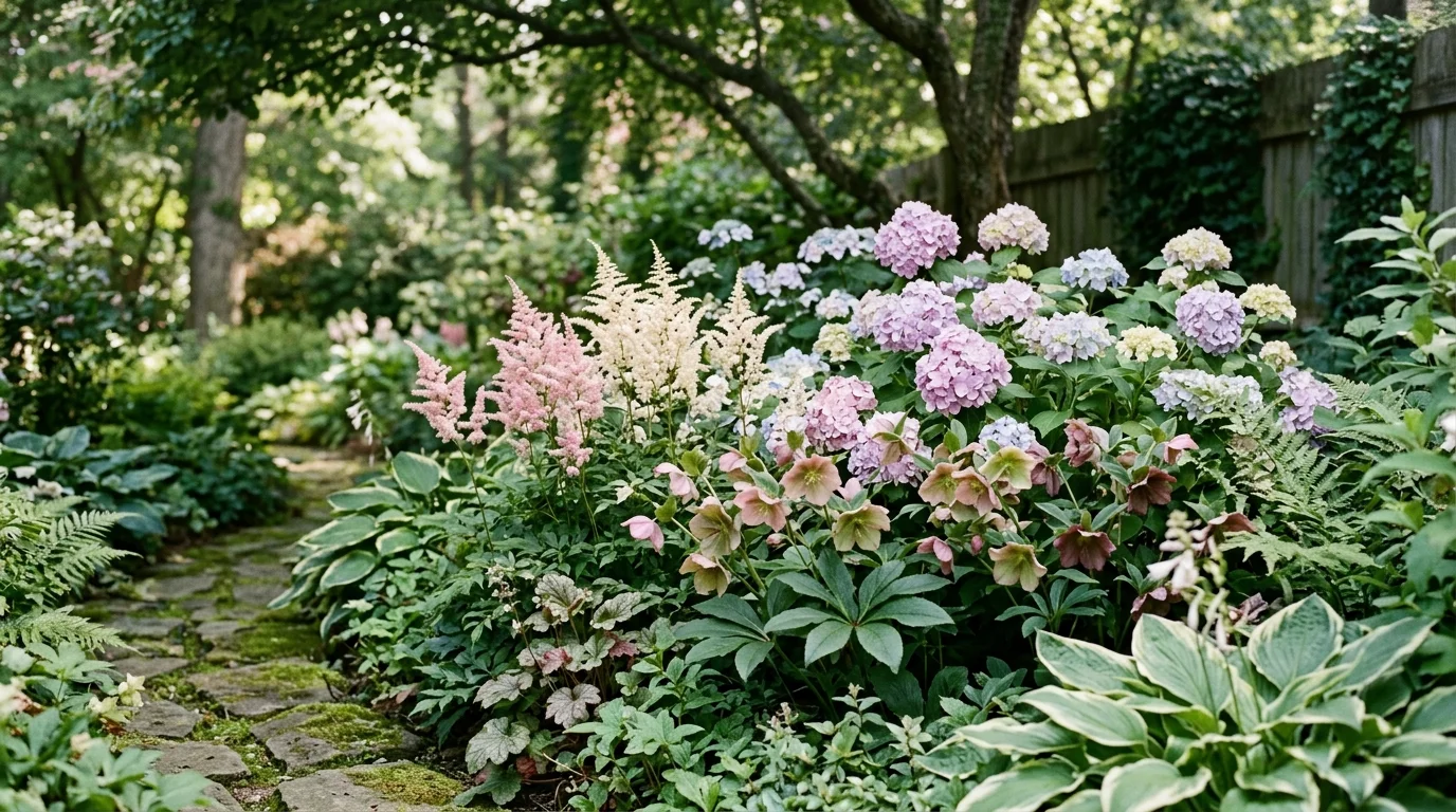 A shaded garden corner with delicate blooms like astilbe, hellebore, and hydrangea in cool tones of pink, lavender, and cream, textured foliage, soft filtered light under trees, tranquil mood, close-up angled shot, no people