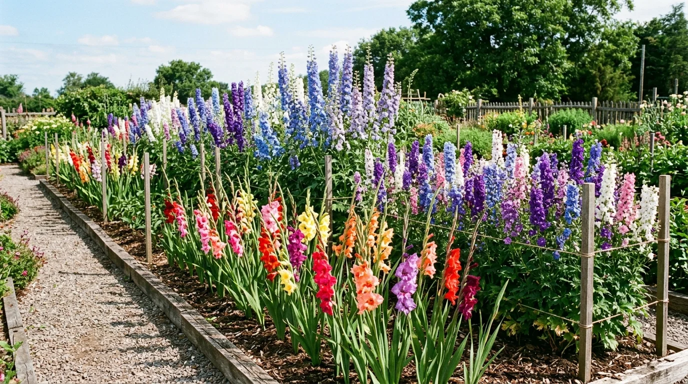 A long rectangular garden bed dedicated to cut flowers with rows of gladiolus, delphiniums, and larkspur in vertical spikes, vivid colors and structured growth, bright daylight, captured from a side perspective showing height variation, no people