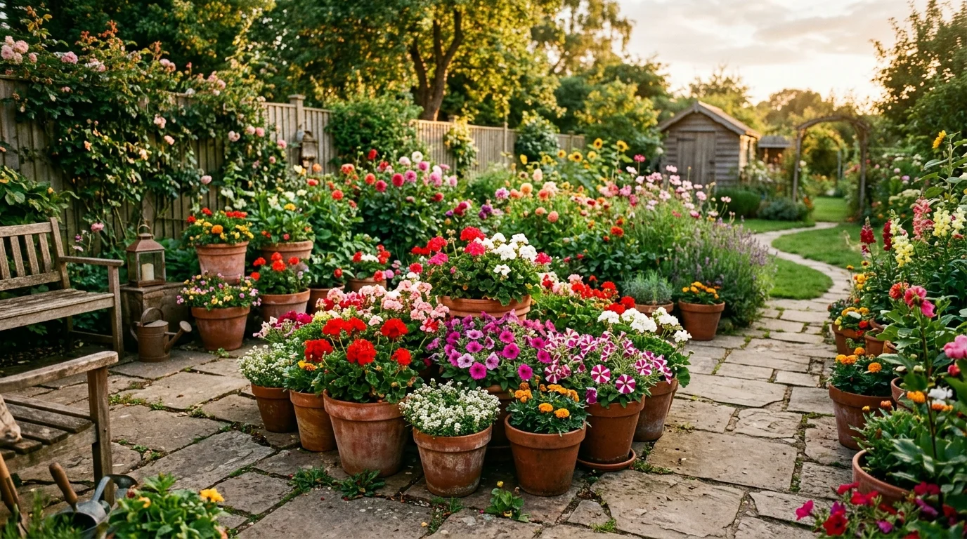 A charming backyard cutting garden with terracotta pots filled with mixed flowers like geraniums and petunias, arranged on a stone patio, warm earthy tones, golden hour light, photographed from a slightly elevated angle, no people