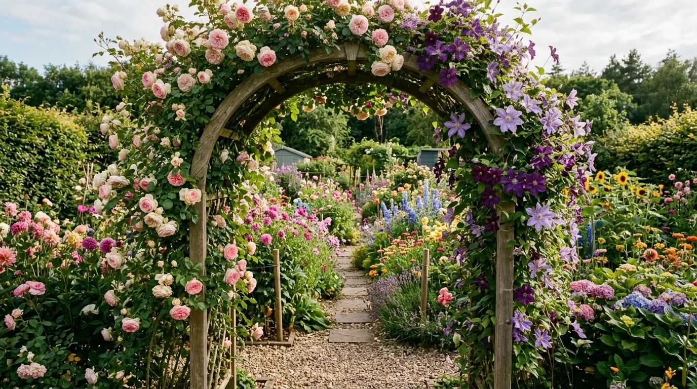 A floral archway covered in climbing roses and clematis leading into a dense cut flower garden, lush blooms in varied colors, soft sunlight filtering through, shot from a centered angle beneath the arch for depth, no people