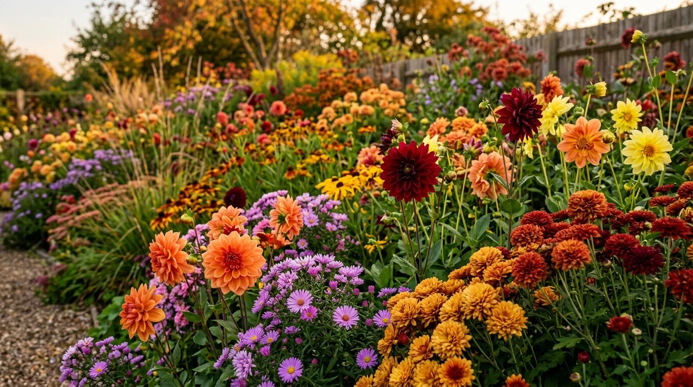 A layered garden border packed with cut flowers such as dahlias, chrysanthemums, and asters, rich textures and vibrant autumnal tones, soft evening light, captured from a low angle focusing on foreground blooms, no people