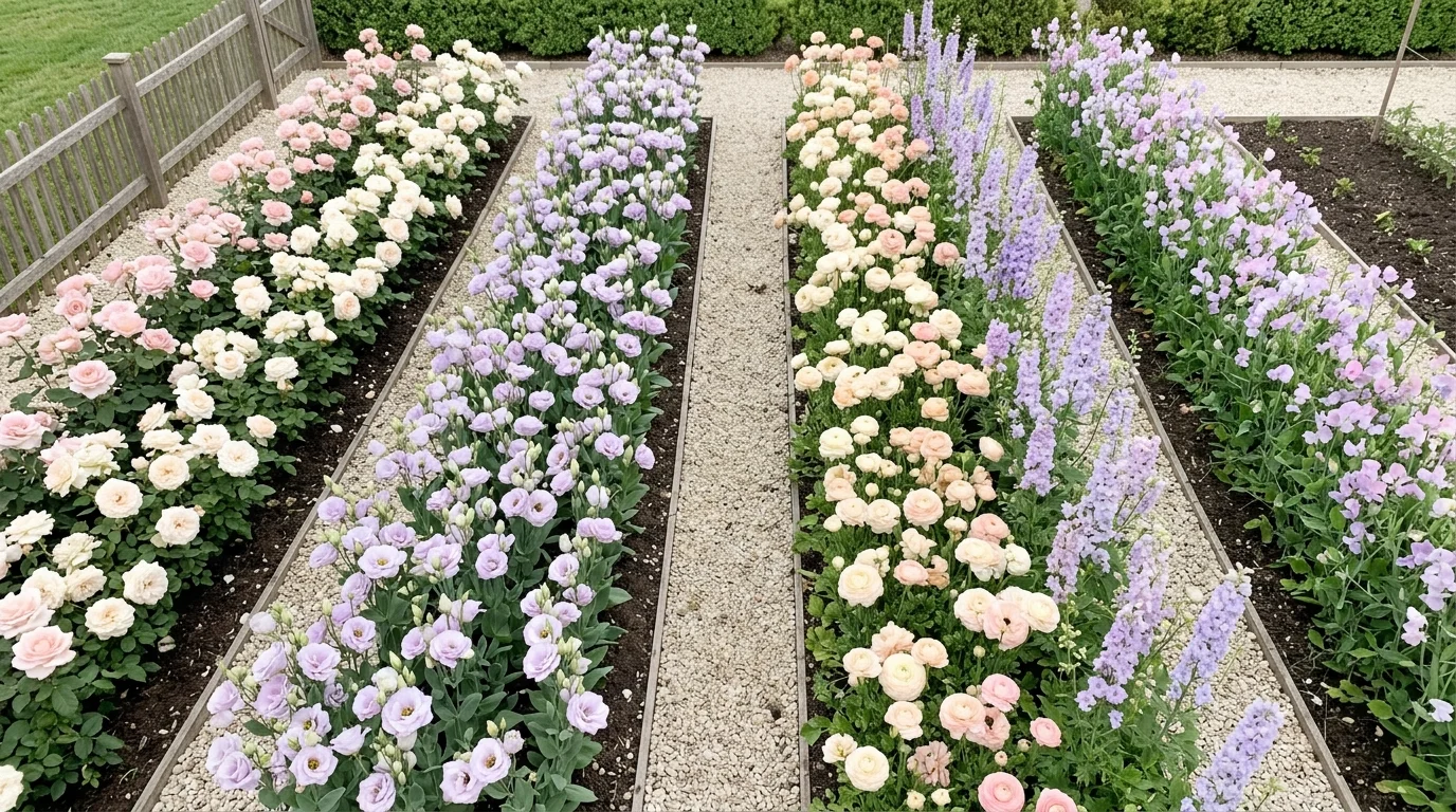 A pastel-themed cutting garden with coordinated rows of blush, lavender, and cream flowers like roses, ranunculus, and lisianthus, soft color harmony, bright diffused daylight, top-down shot emphasizing arrangement, no people