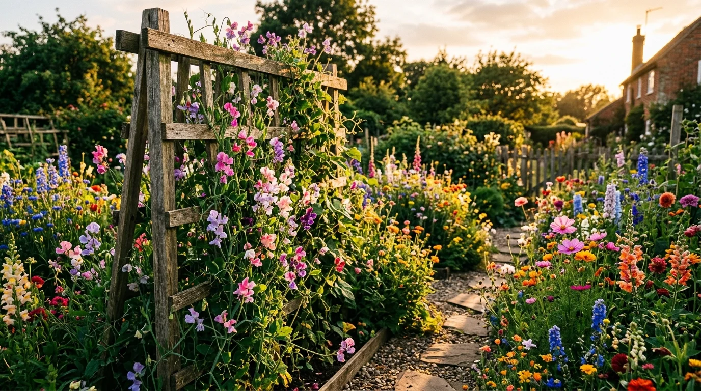 A backyard garden with a rustic wooden trellis supporting flowering vines like sweet peas, surrounded by dense beds of cut flowers in mixed vibrant shades, warm sunset lighting creating long shadows, photographed from a slightly angled perspective, no people