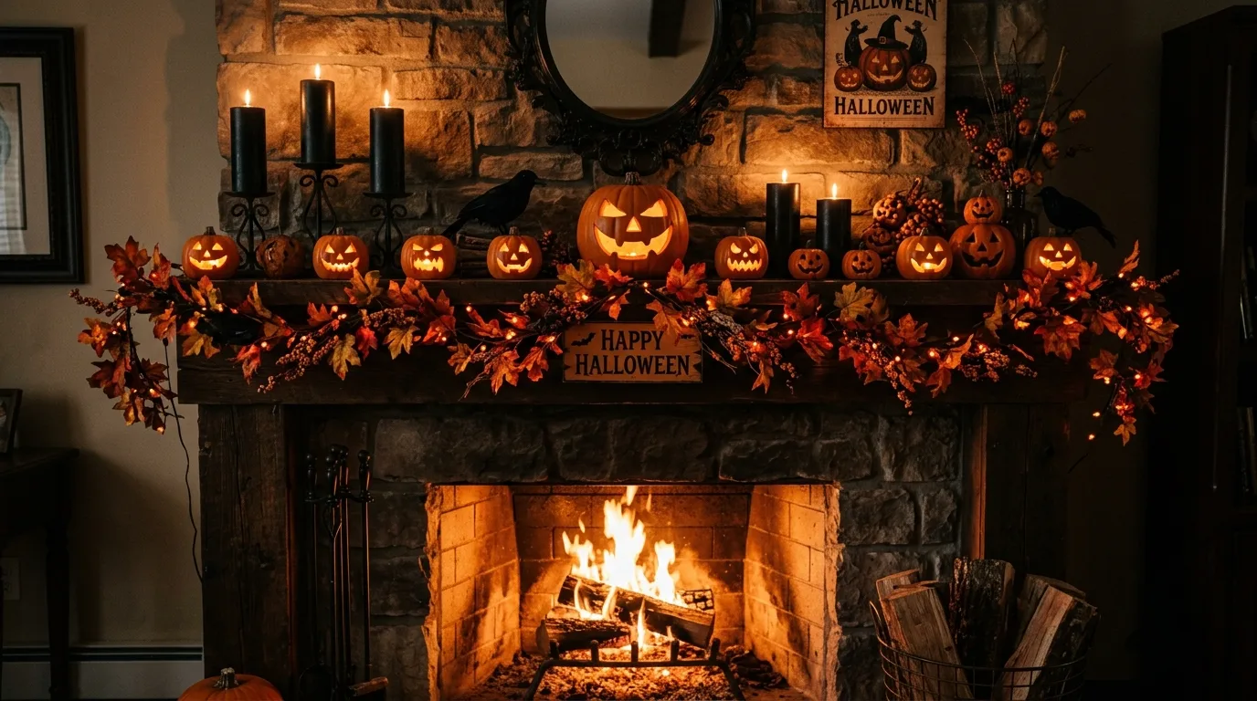 A Halloween mantel with black candles, layered pumpkins, and old books styled around a cozy fireplace, no people