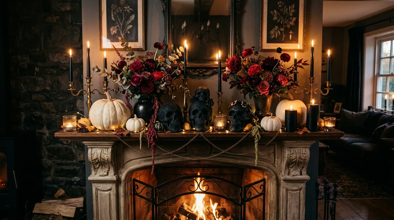 A spooky Halloween mantel draped in gauze with amber lantern glow and warm fireside styling, no people