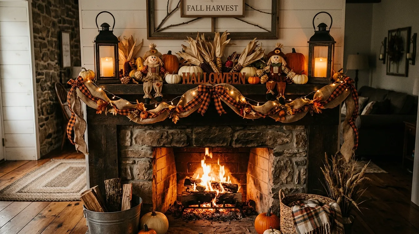A dramatic Halloween mantel with dark florals, velvet ribbon, and raven accents above a fireplace, no people