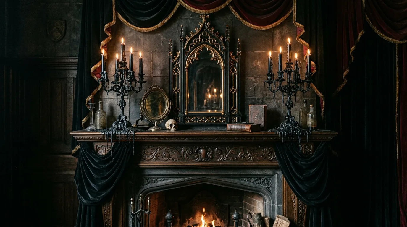 A clean modern Halloween mantel with white pumpkins and restrained spooky styling above a fireplace, no people