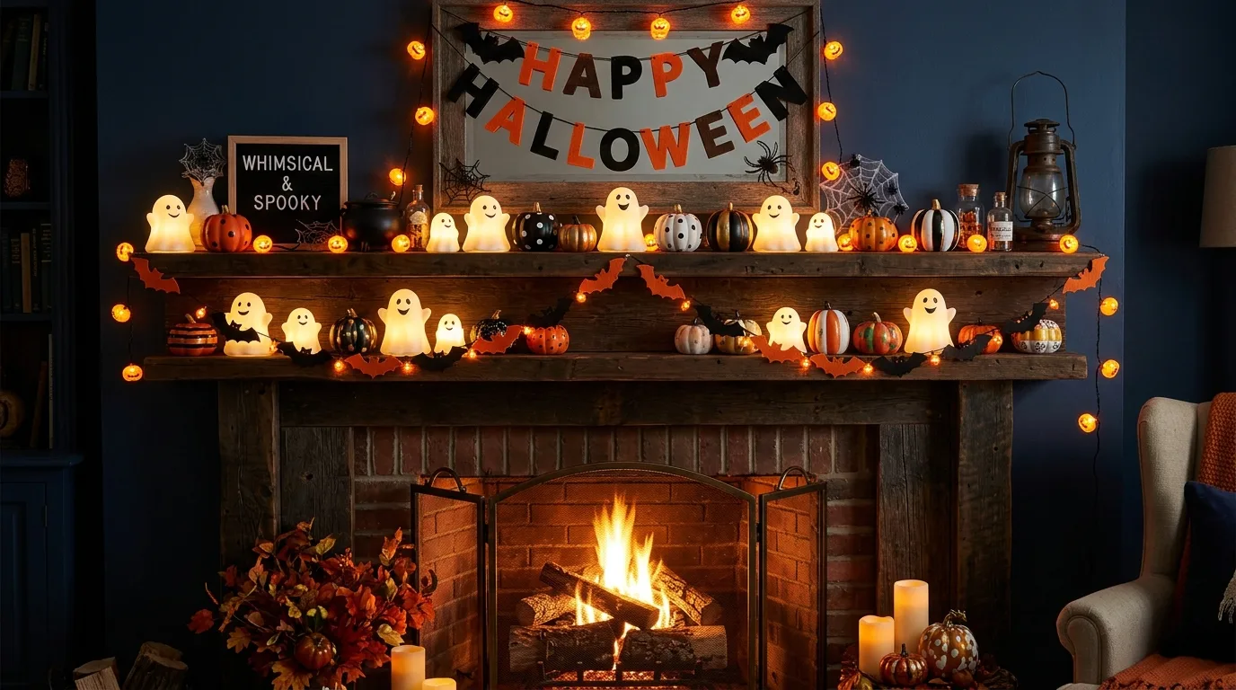 A Halloween mantel with a vintage mirror and symmetrical black tapers styled in an elegant traditional room, no people