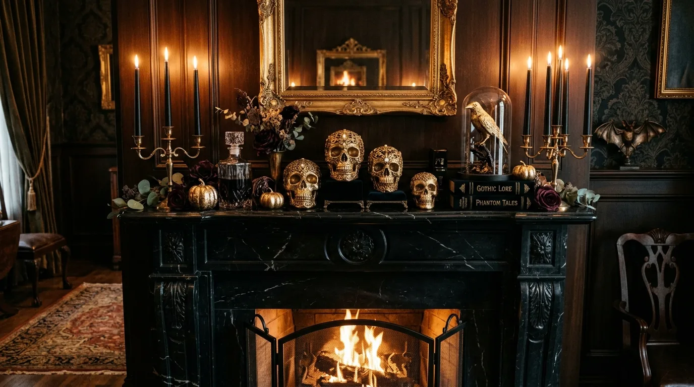 A festive Halloween mantel with bat garland, copper accents, and rust toned seasonal decor around a fireplace, no people