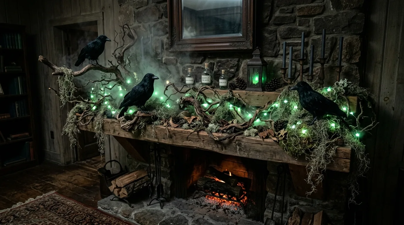 A stone fireplace mantel styled for Halloween with gathered branches and glowing candle jars in a rustic room, no people