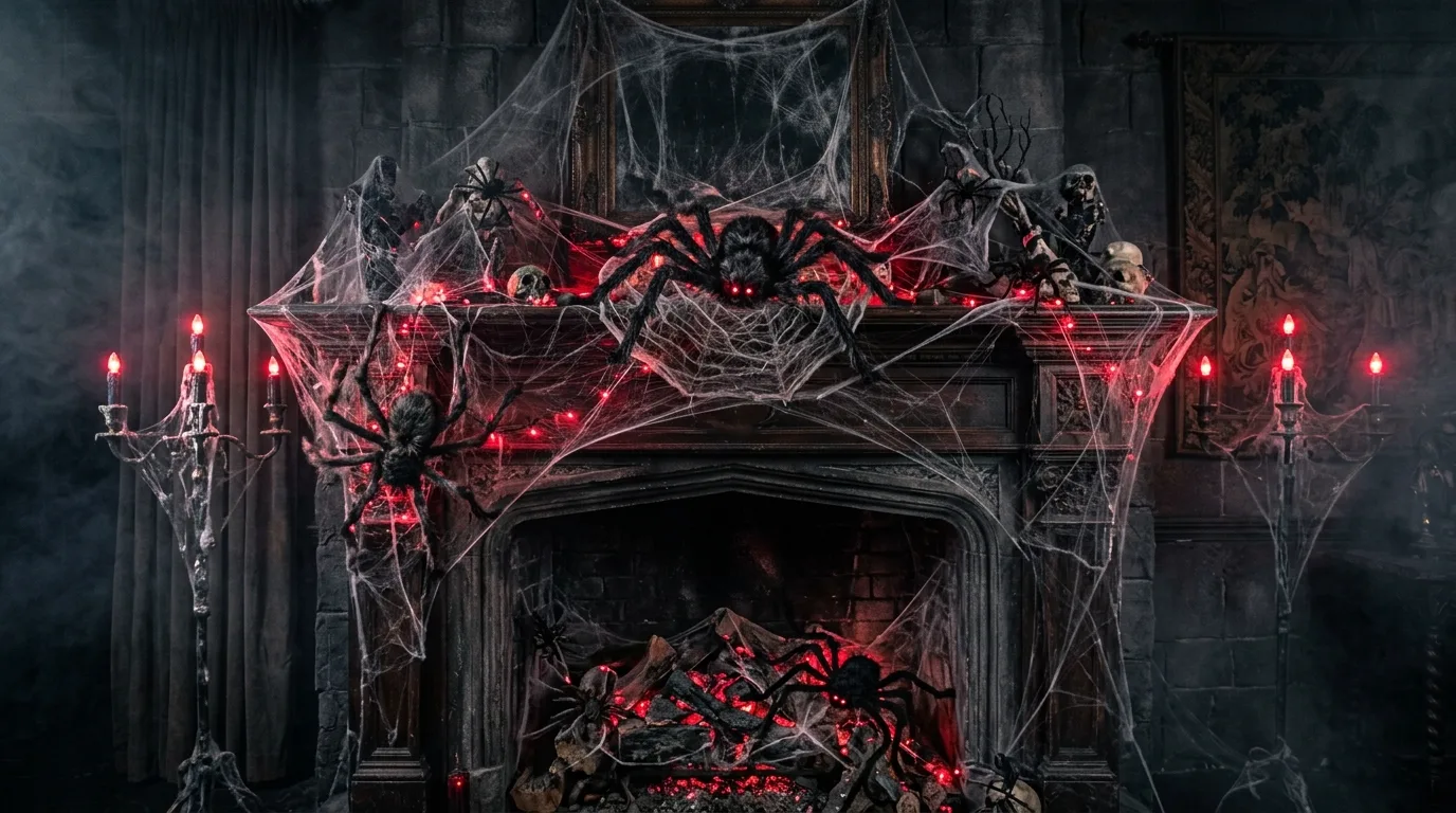 An elegant Halloween mantel with skull accents, framed art, and brass candle glow in a refined living room, no people
