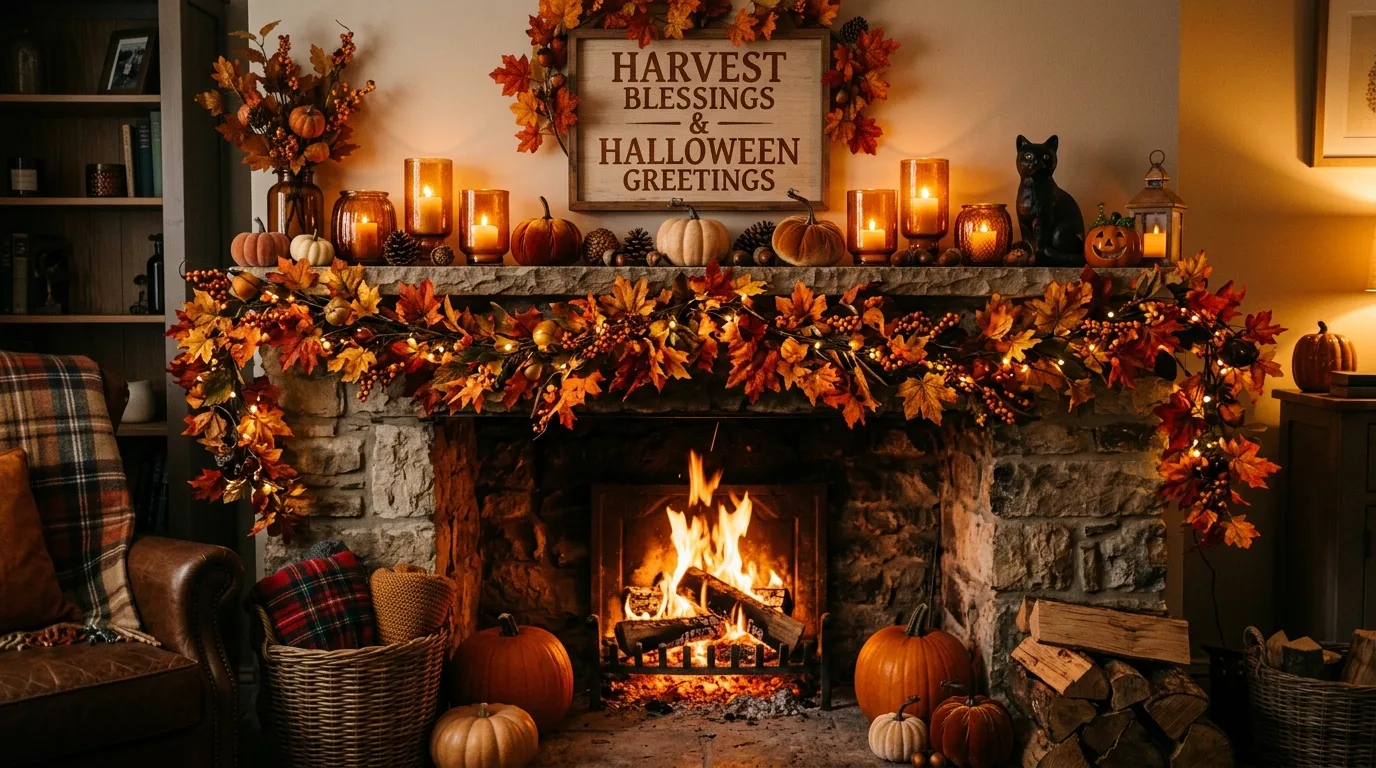 A playful family Halloween mantel with ghost accents and orange felt garland over a cozy fireplace, no people
