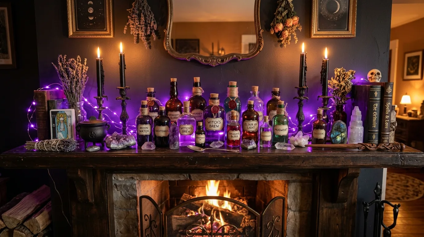 A rich Halloween mantel in deep plum with crow silhouettes and candlelight above a glowing fireplace, no people