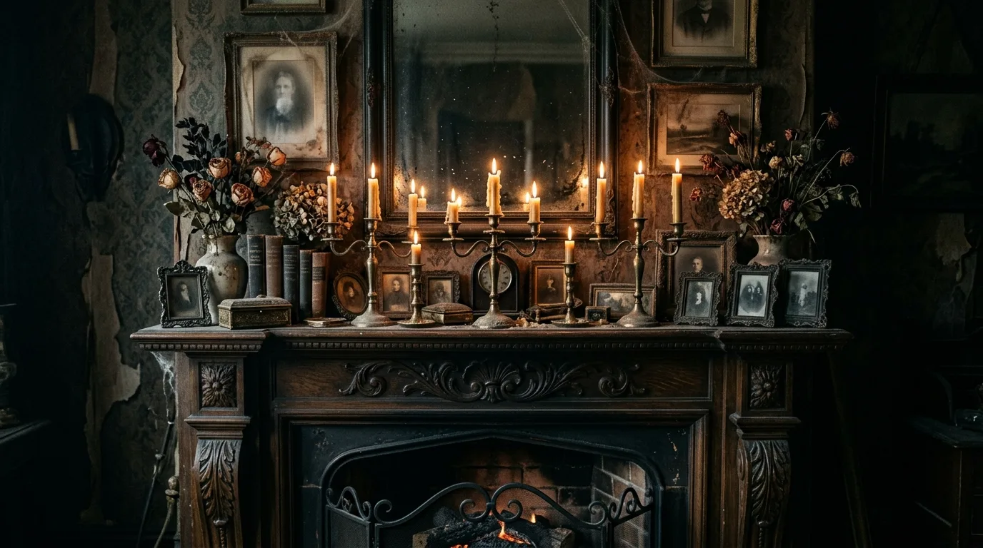 A neutral farmhouse Halloween mantel with subtle spooky lettering and natural autumn textures above a fireplace, no people