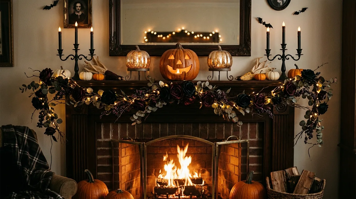A grand black Halloween mantel with portrait frames and delicate web detail creating a haunted mansion mood, no people