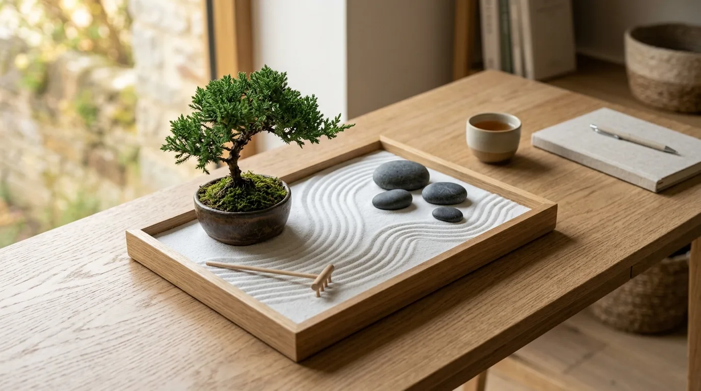 A serene desktop mini zen garden with white sand carefully raked around one smooth black river stone in a shallow tray, soft natural light, no people