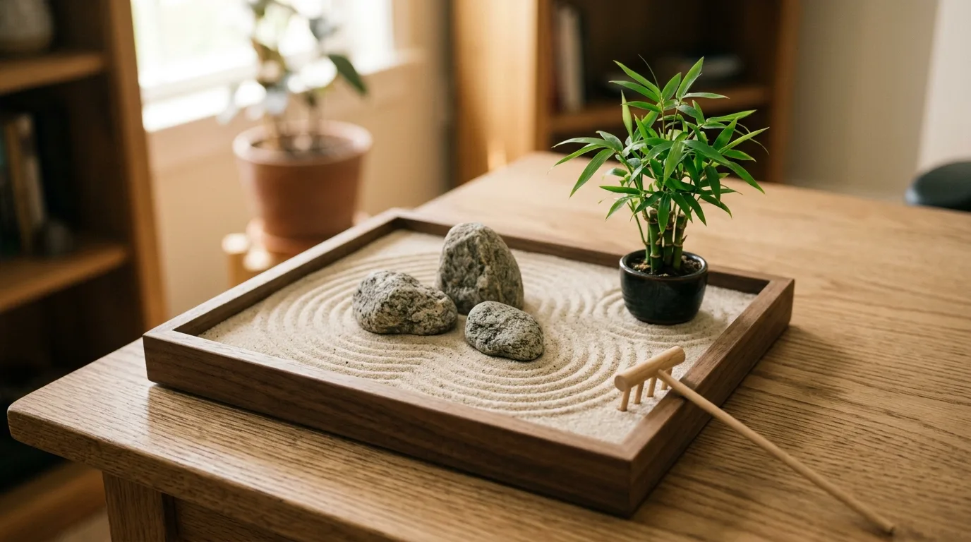 A miniature zen garden in a bamboo frame with raked sand and a tiny moss island at the center on a calm desktop, no people
