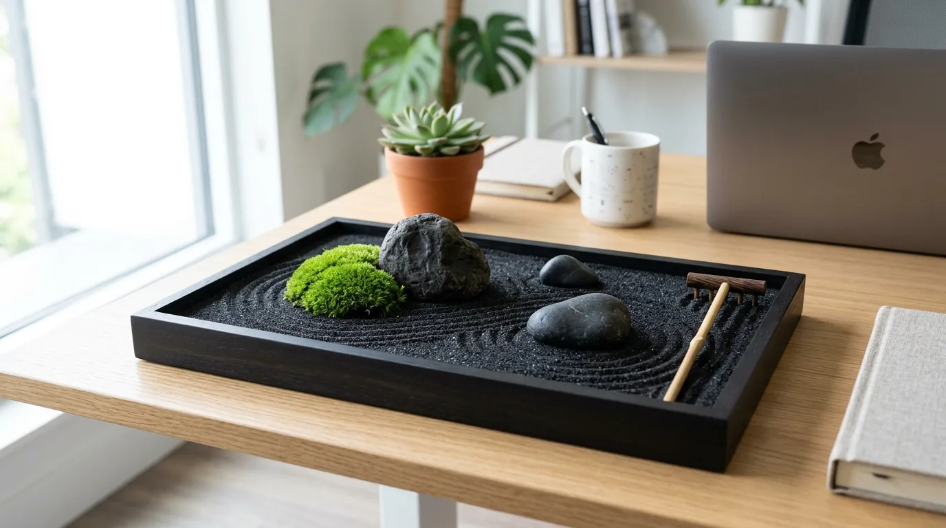 A round ceramic bowl mini zen garden with pale sand, small stones, and soft raked patterns on a desk, no people