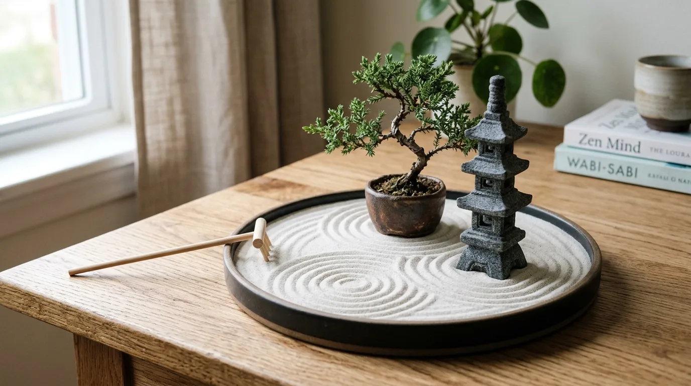 A mini zen garden with dark gravel and a low stacked pebble tower arranged in a compact tray on a desktop, no people