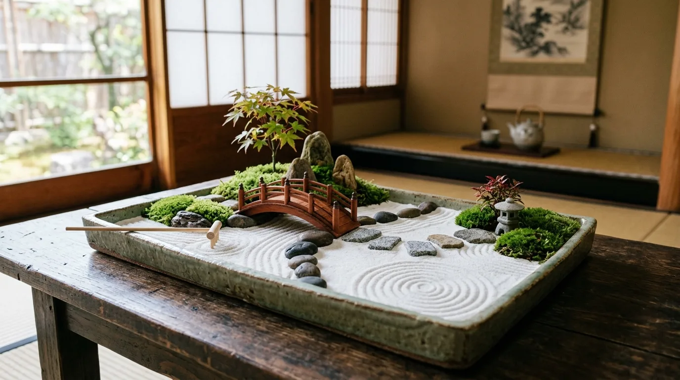 A wooden tray mini zen garden with pale sand, stones, and a slim bamboo rake resting inside the tray, no people