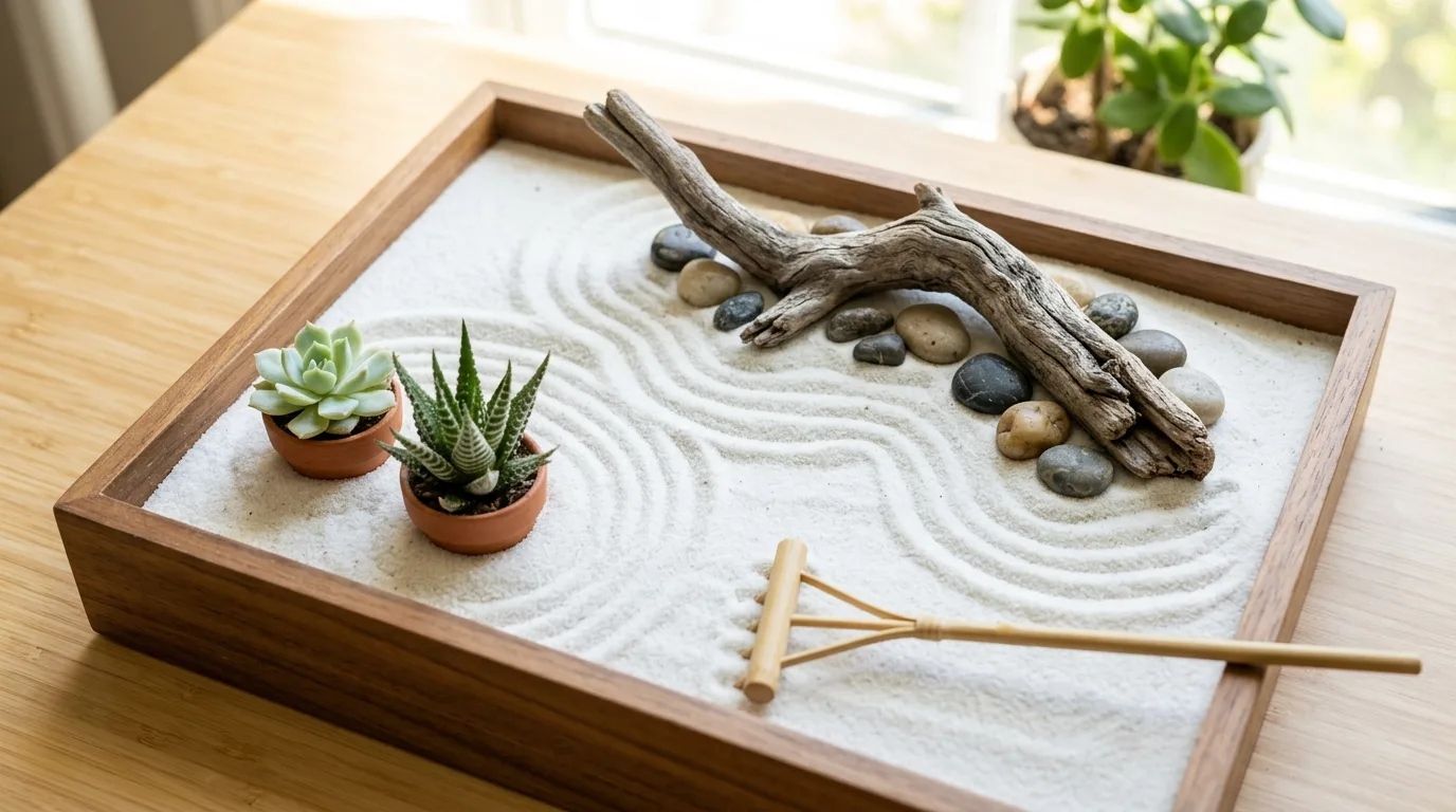 A small desktop zen garden styled beside a candle and tiny succulent in a peaceful work corner, no people