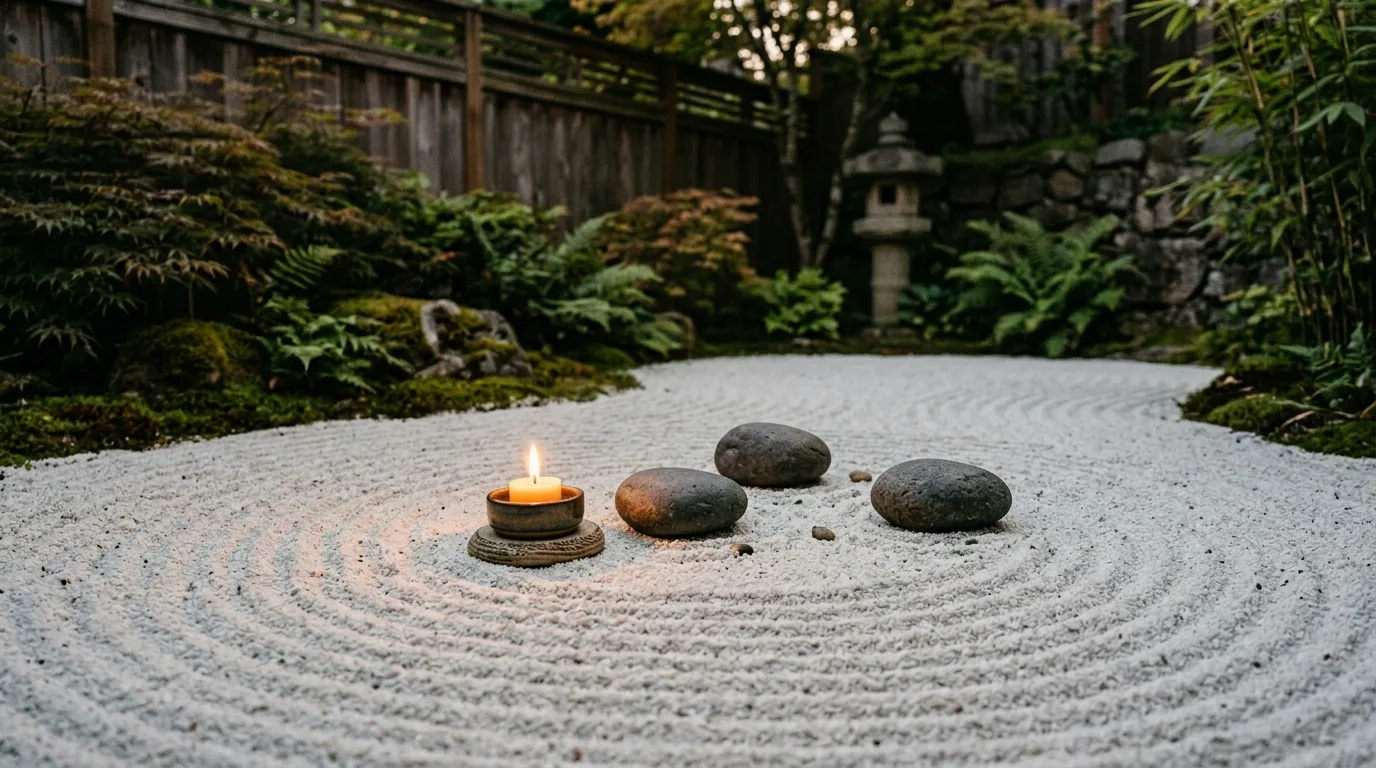 A pale sand mini zen garden with a tiny stone path pattern traced through the tray on a tabletop, no people