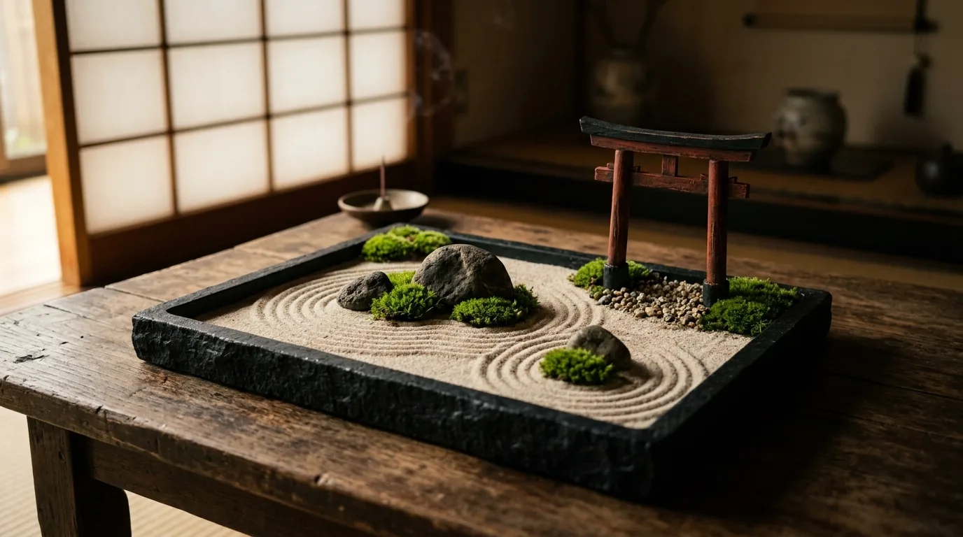 A modern mini zen garden in a low concrete dish with raked sand and smooth stones displayed on an office shelf, no people