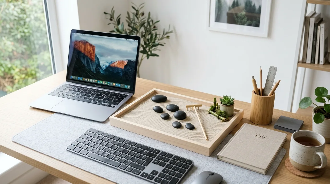 A desktop zen tray with three smooth stones and long curved rake lines in fine sand, no people