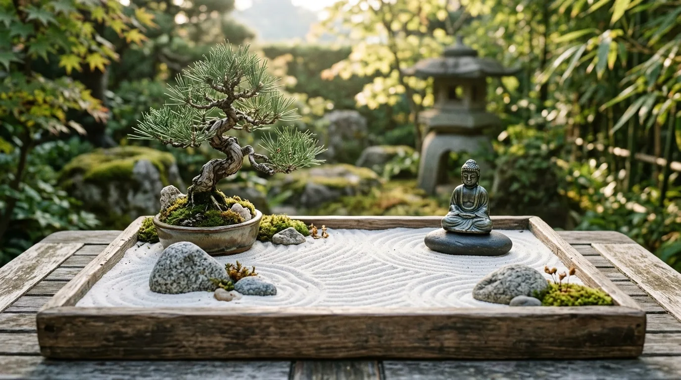 A tiny desktop zen garden featuring a miniature bridge over a neat gravel bed in a shallow tray, no people
