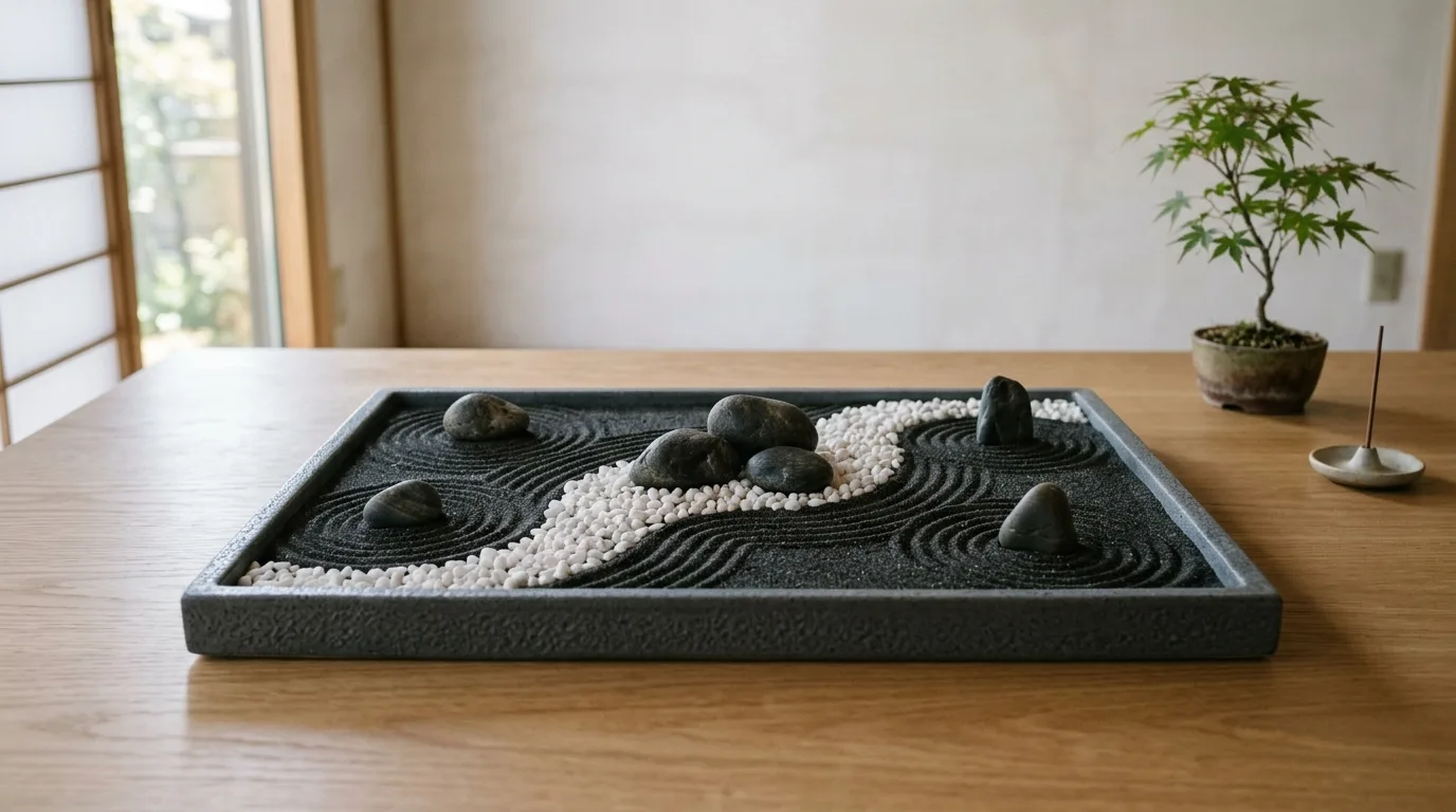 A mini zen garden edged with slate and accented by moss and driftwood on a desktop, no people