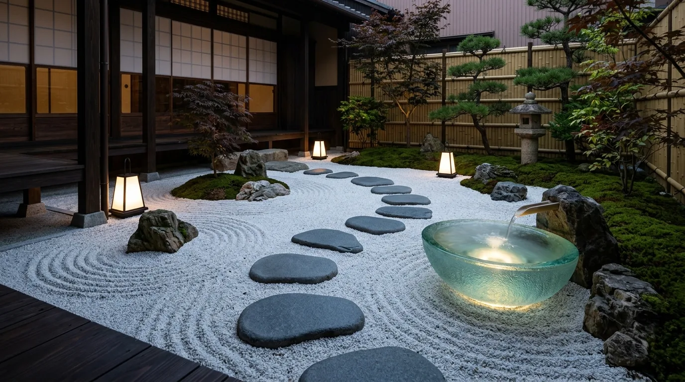 A serene mini zen garden placed by a bright window with clean morning light falling across the sand, no people