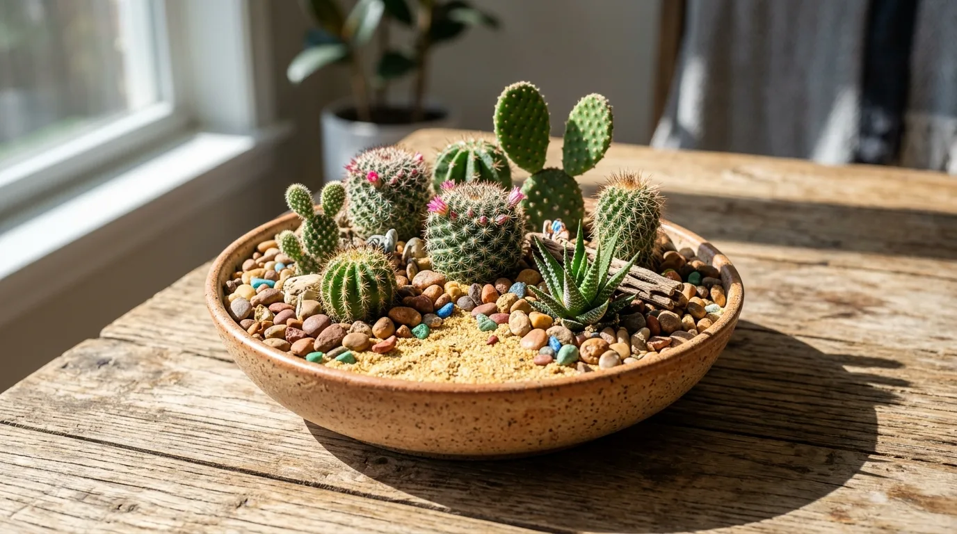 A small terracotta dish mini cactus garden filled with mixed baby cacti and sandy top dressing on a bright shelf, no people
