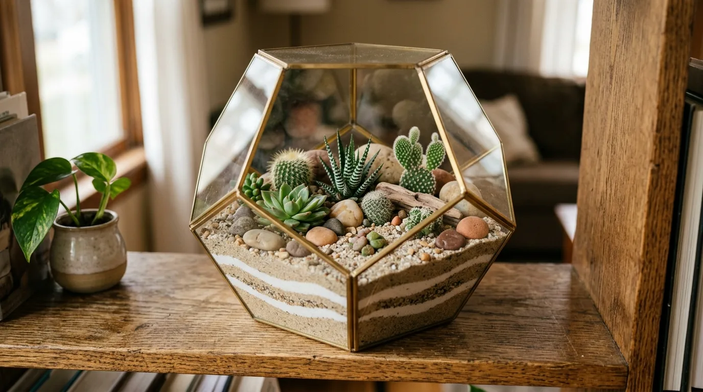 A miniature cactus garden in a white ceramic planter featuring one sculptural barrel cactus and pale gravel, no people