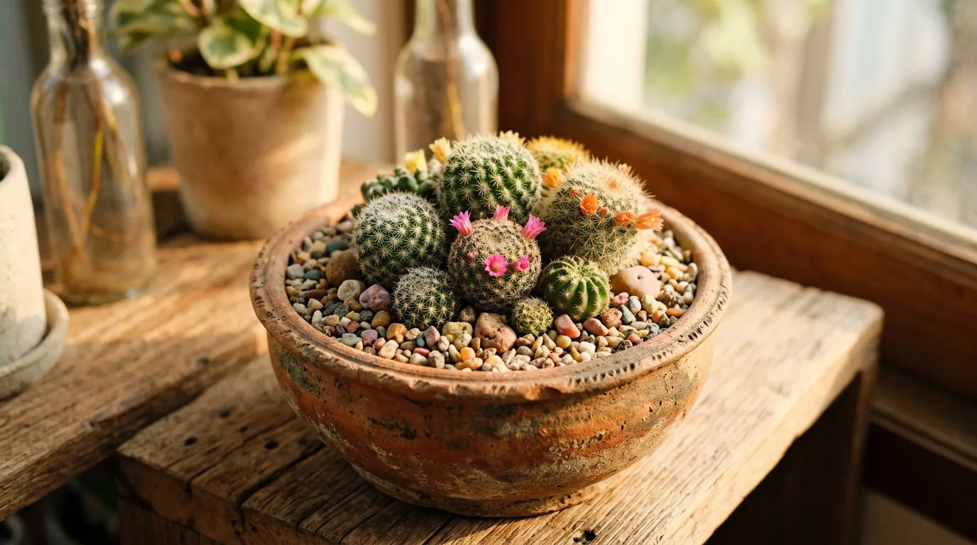 A tiny desert style bowl garden with clustered small cacti, pebbles, and sandy soil on a tabletop, no people