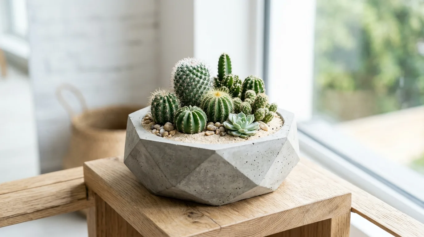 A mini cactus garden arranged in a warm copper pot with small sculptural cacti and stone topping, no people