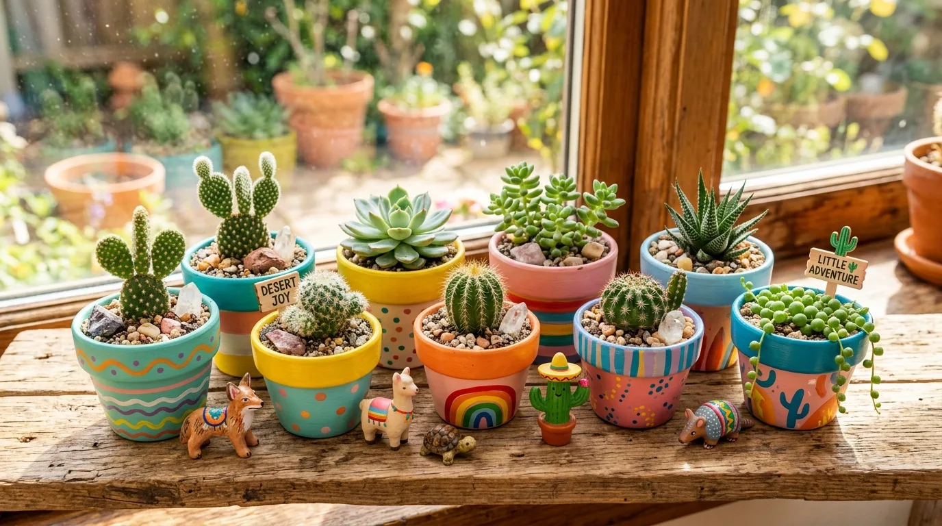 A miniature cactus garden planted in a vintage teacup with a tiny prickly pear pad and sandy soil, no people