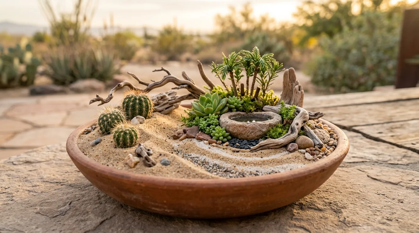 A slim rectangular planter filled with a repeating row of small cacti and pale gravel in bright daylight, no people