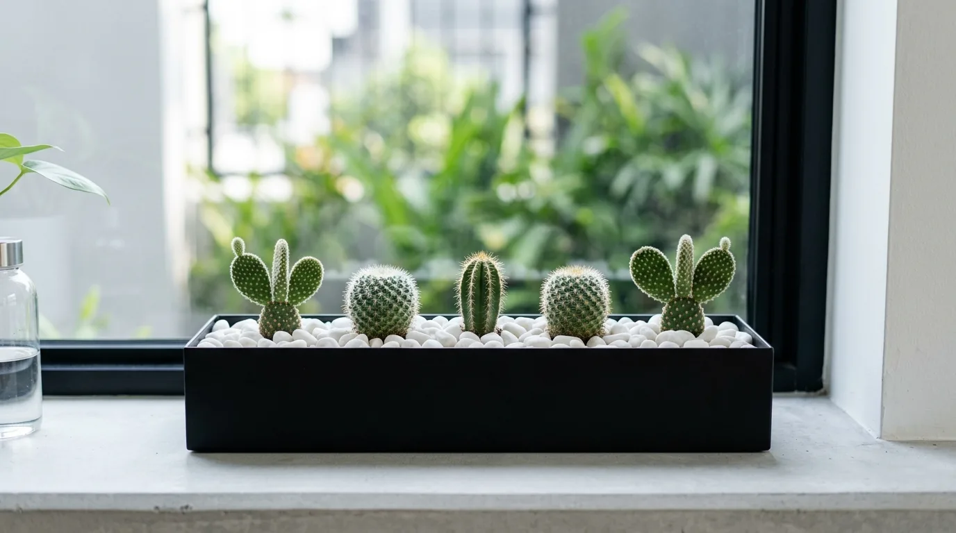 A colorful painted pot mini cactus garden with pink sand accents and tiny desert plants, no people