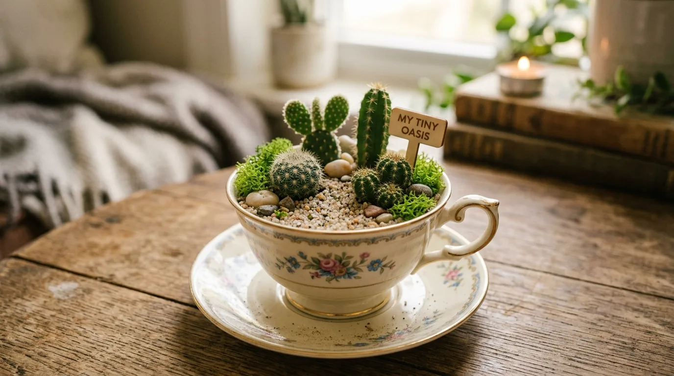 A small cactus garden with three mini cacti, driftwood, and white gravel arranged in a shallow planter, no people