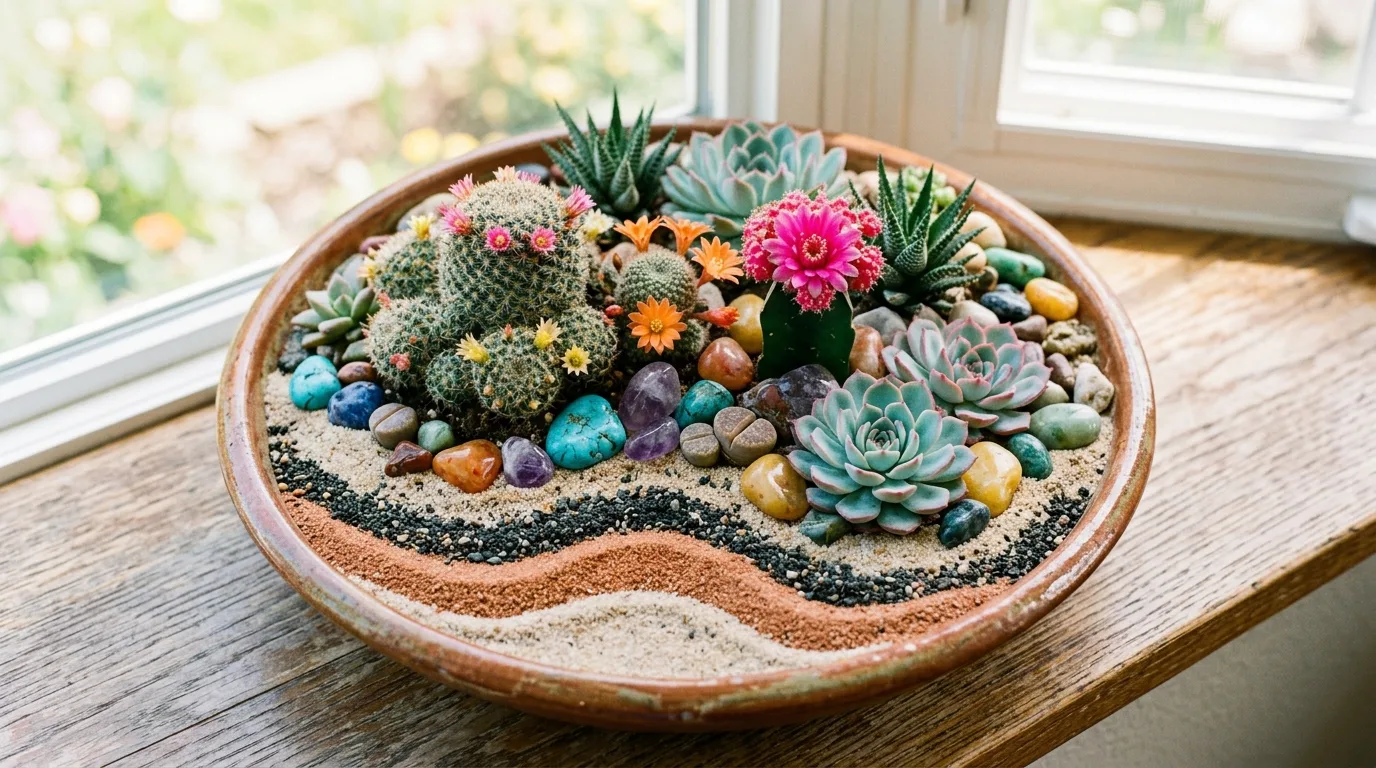 A geometric planter holding a mini cactus garden with clean lines and modern shelf styling, no people