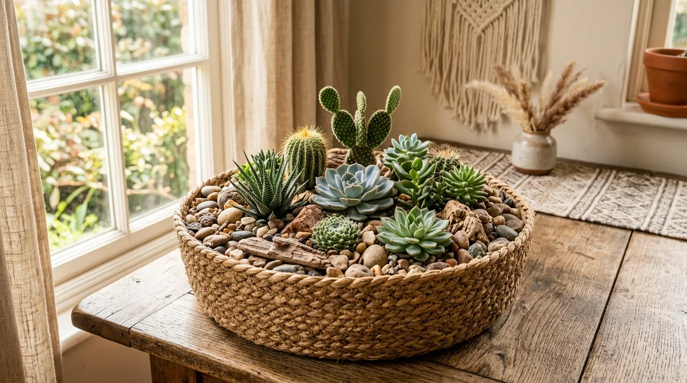 A small wooden box mini cactus garden with layered desert stones and varied tiny cacti, no people