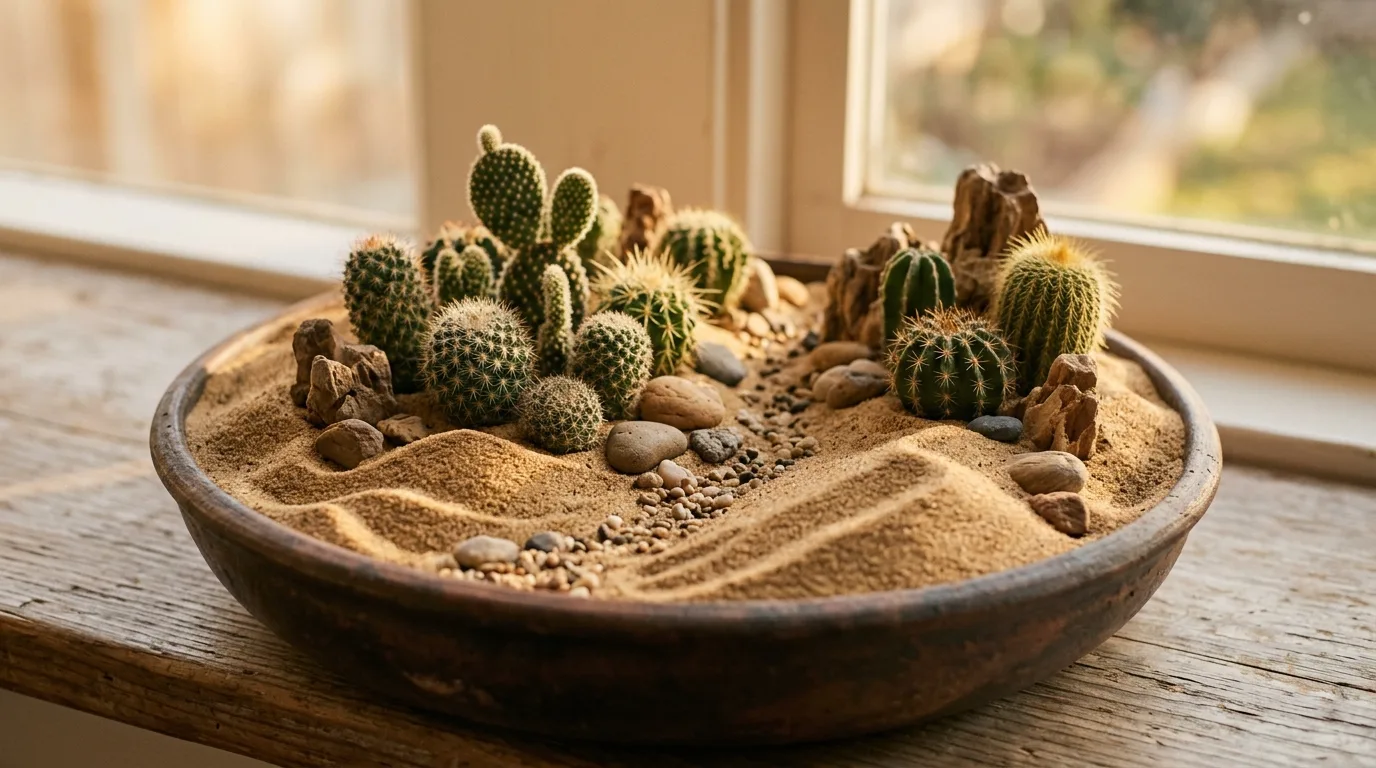 A sunny windowsill displaying a tiny collection of cactus planters arranged into a miniature desert garden, no people