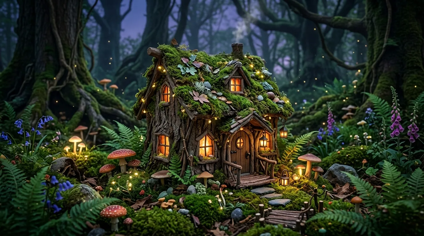 A small fairy house made of twigs and bark tucked beneath ferns in a lush garden setting, no people