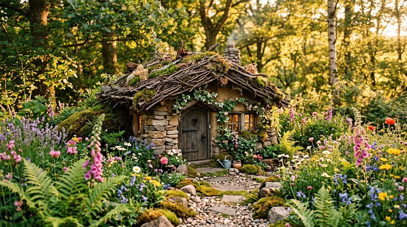 A miniature fairy house with an acorn roof and a tiny pebble path leading to the front door in a garden bed, no people