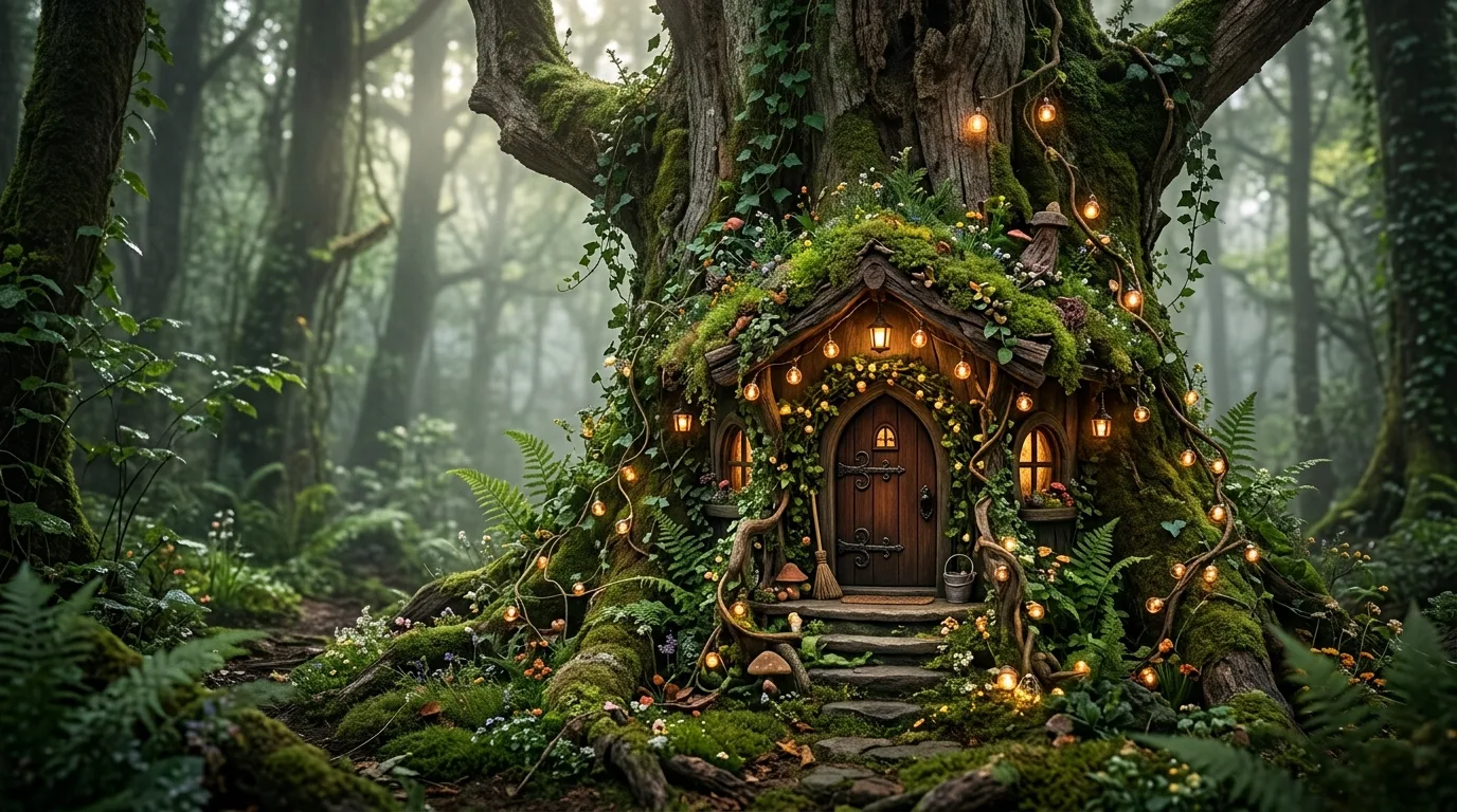 A moss covered fairy house built on a tree stump with a round wooden door and garden greenery around it, no people