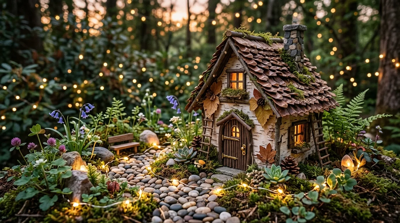 A fairy cottage with a stone base and dried flower trim around the windows in a charming garden scene, no people