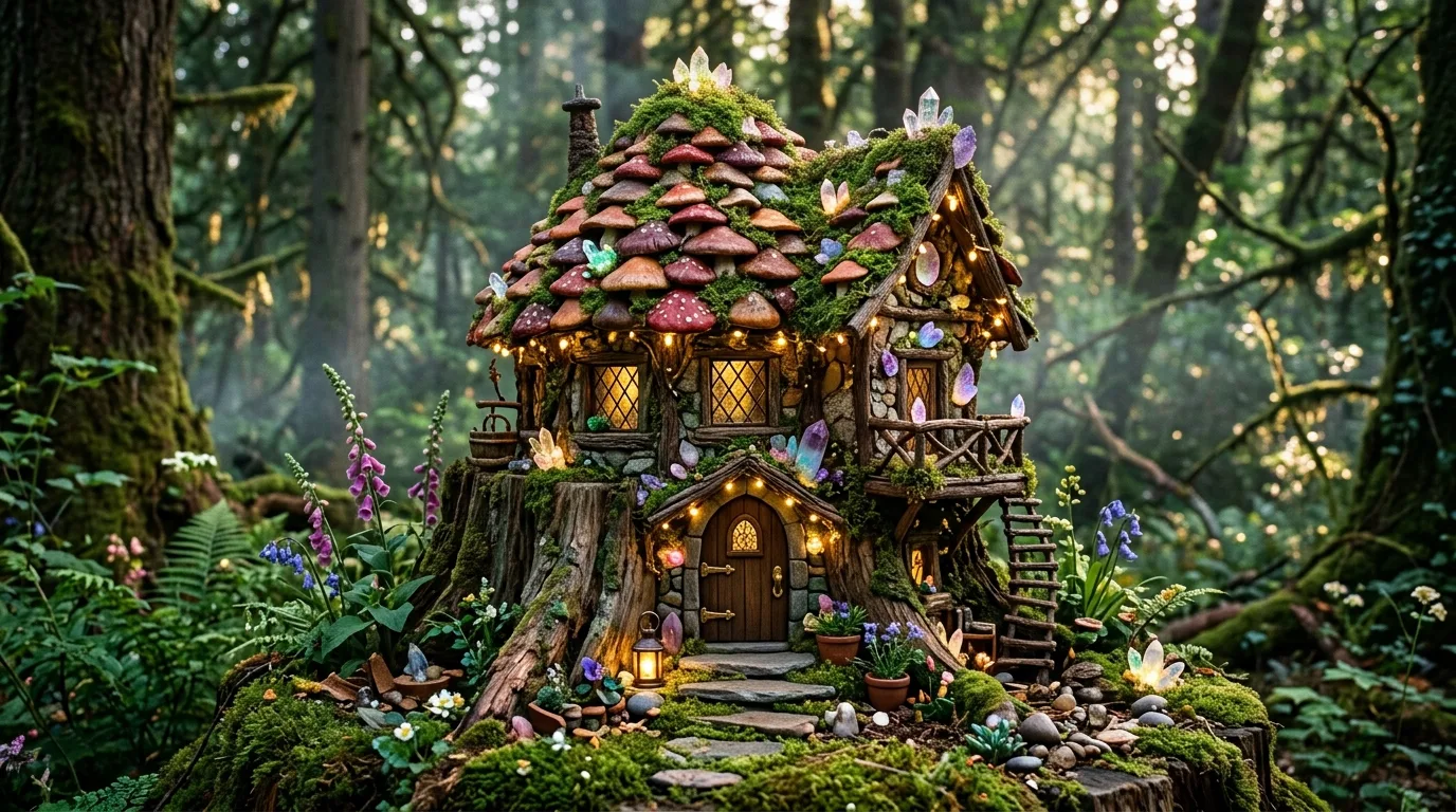 A miniature fairy house with a pinecone roof hidden among shade plants and moss in a woodland garden, no people