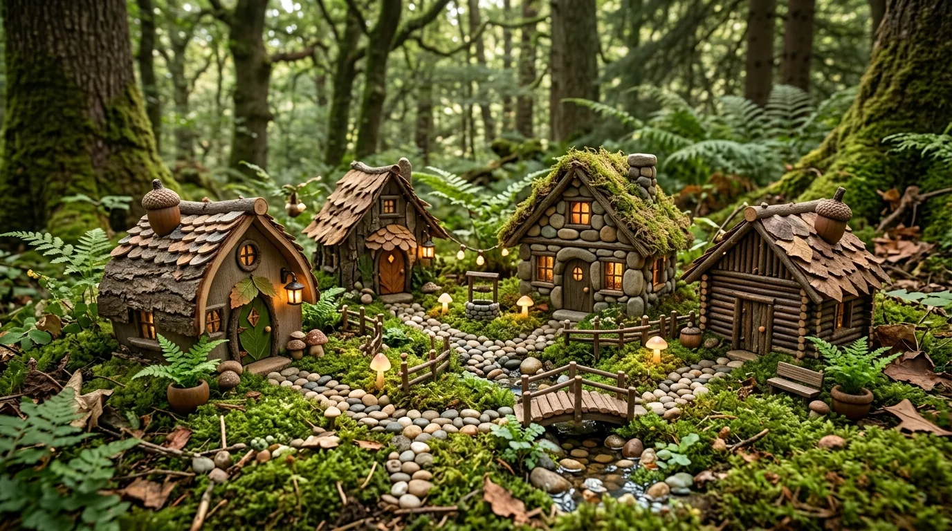 A tiny fairy doorway built into a large garden rock with moss and miniature details around it, no people