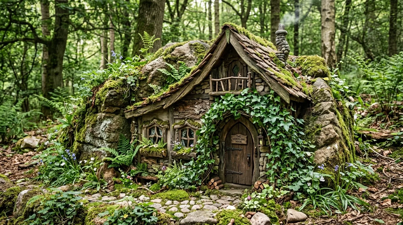 A tall bark fairy house with a leaf shaped awning and natural woodland styling in a garden, no people