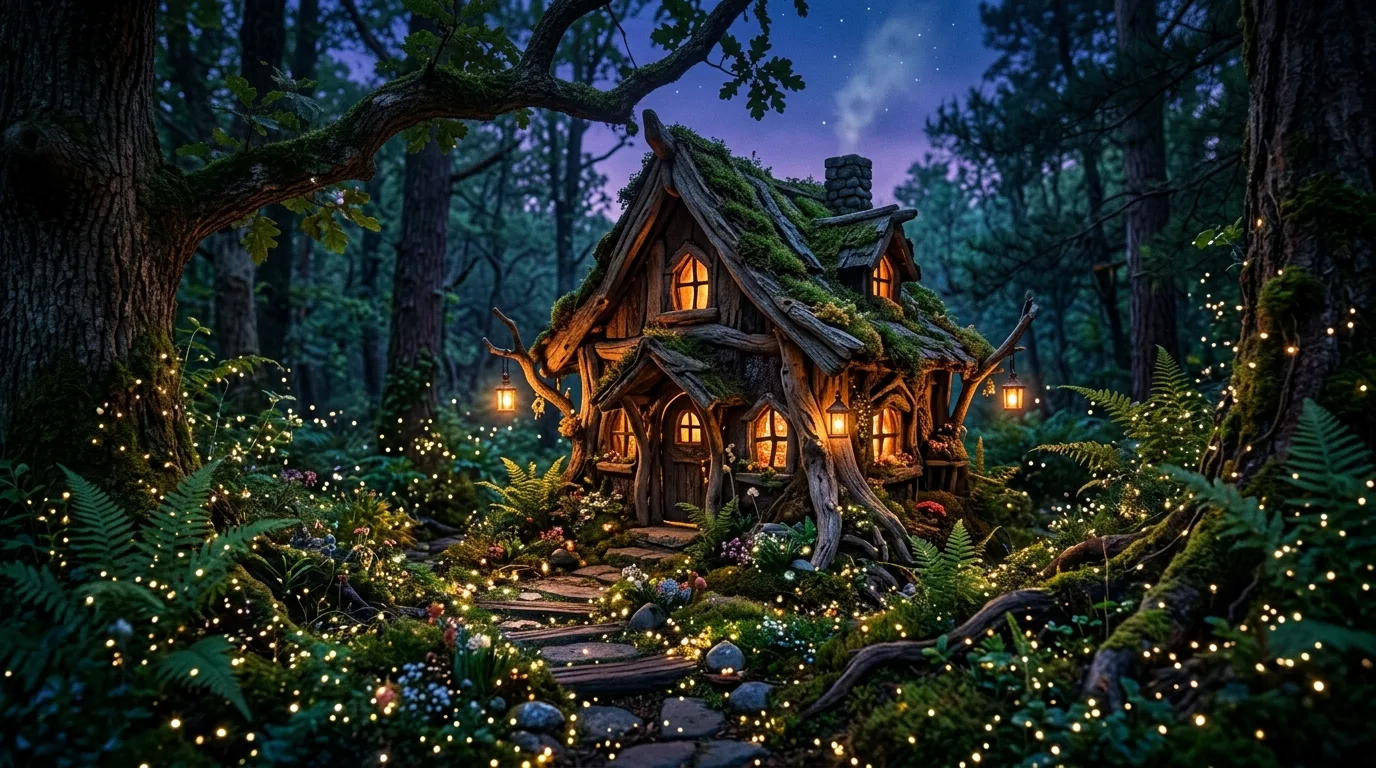 A whimsical fairy house made from twigs and shells with mixed natural textures in a small garden vignette, no people